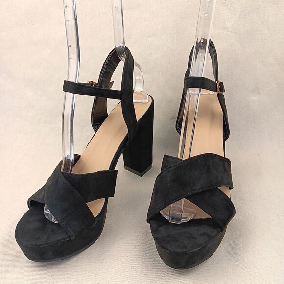 Platform Heels With Ankle Strap Black Faux Suede Women's Size 7.5 - Picture 1 of 7